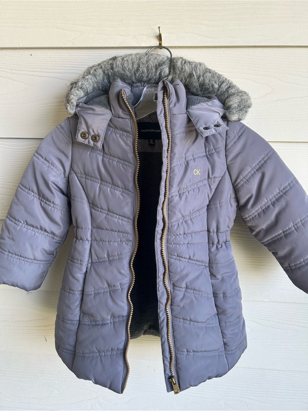 Calvin‎ Klein Jeans Girls' Lavender Gray Puffer Coat with Faux Fur Trim